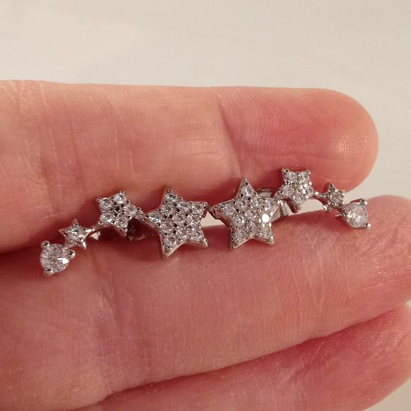 Silver Star Climber White Diamond Zircon Stud Earrings New White Gold Filled - Picture 3 of 6